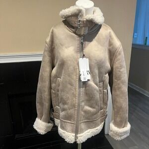 Zara Tan and cream faux fur zip up jacket
